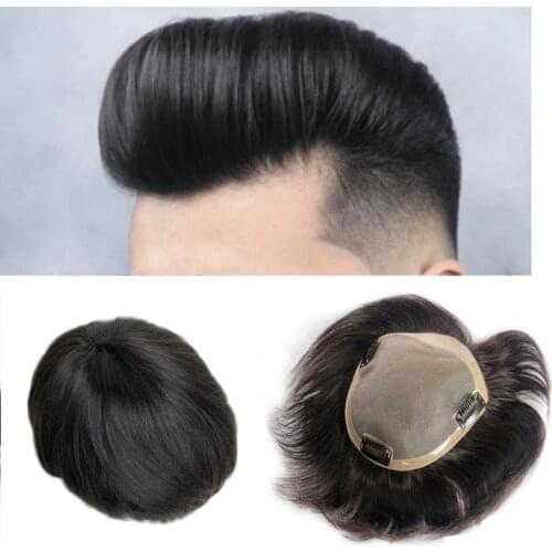 Men Toupee Poly Skin Around Natural Hairline Remy Human Hair Wig Fine Mono Around Pu Perimeter Hair Replacement System For Men