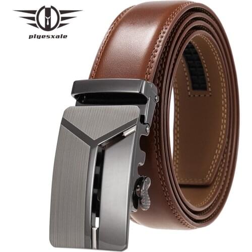 Plyesxale New Men Belt High Quality Cow Genuine Leather Black Dark Brown Male Strap For Business Casual Jeans Waistband B444