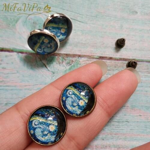 Van Gogh Painting Stud Earrings The Starry Night Ear Studs Van Gogh Sunflowers Round Jewelry Glass Dome Earrings