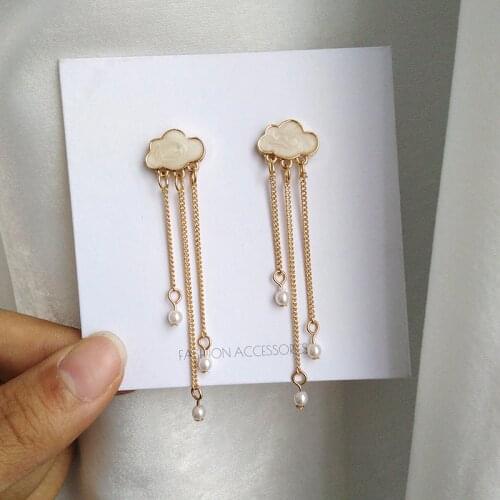 Japaneae Style Lovely Girls Long Chain White Cloud-Shaped Clip on Earrings Imitation Pearl Tassels Women Non Pierced Earrings
