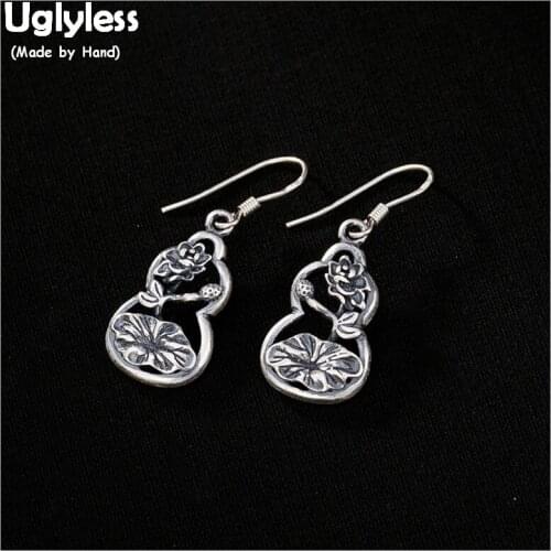 Uglyless Handmade Hollow Gourd Earrings for Women Real Thai Silver Flower Fine Jewelry 100% Solid 925 Silver Lotus Leaf Earrings