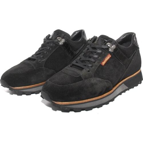 SHENBINS Handmade Running Sport Shoes, Black Suede and Black Crocodile Patterned Leather, Height Increasing EVA/Wooden Soles
