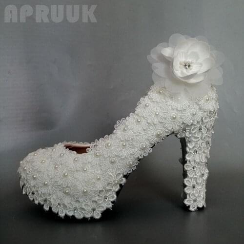 White flower lace wedding pumps shoes bride luxury sweet design plus size brand new coming bridal platforms womens party shoe