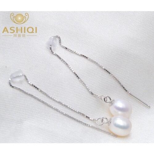 ASHIQI 925 Sterling Silver Long Earrings 7-8mm Natural Freshwater Pearl Drop Earring For Women Bohemian Wedding Jewelry