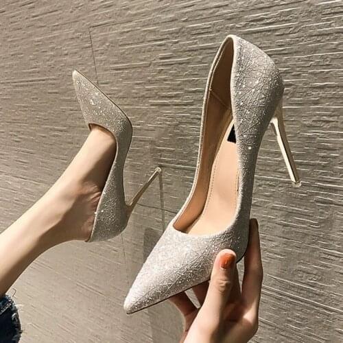 Shoes Woman Wedding Shoes 2021spring and Autumn Womens Silver Single-Layer Shoes Stiletto Heel Pointed High Heels Sexy Luxury