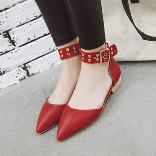 YMECHIC 2019 Summer Red Yellow Black Chunky Heels Pointed Toe Rivet Ankle Strap Buckle Ladies Party Shoes Plus Size Women Pumps