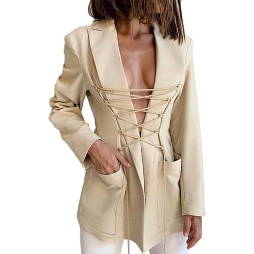 Office Lady Blazer Solid Color Functional Pockets Spring Autumn Turn-down Collar Long Sleeve Bandage Slim Women Suits Blazer