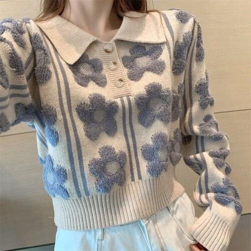 Autumn Winter Button Up Floral Embroidery Cropped Pullover Sweater Women Turn Down Collar Long Sleeve Short Pull Femme Jumpers