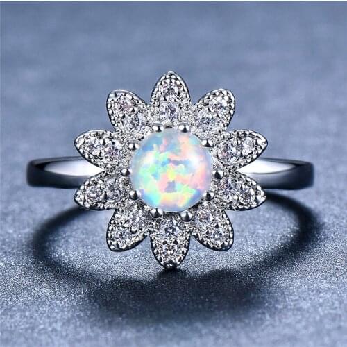 Boho Female White Fire Opal Ring Luxury Crystal Flower Wedding Rings For Women Trendy Bridal Silver Color Engagement Ring