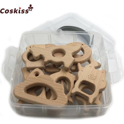 DIY Baby Teether Toys Set 14pcs Organic Natural Beech Wooden Toy Hand Cut Animal Baby Wooden Teether Make Baby Smart