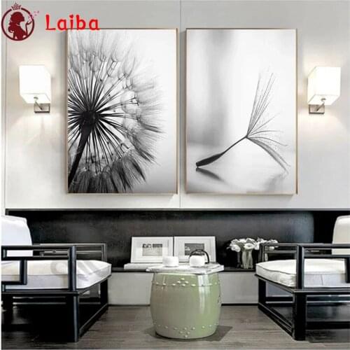 Diamond Painting Black and white art, dandelion plant Cross Stitch Diamond Mosaic Embroidery crystal Beaded Handicraft2PCS