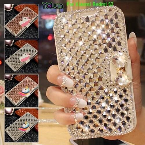 YeLun For Xiaomi Redmi S2 Bling Crystal Diamonds Unicorn Bowknot PU Leather Wallet Pouch Flip Case Cover Phone Cases
