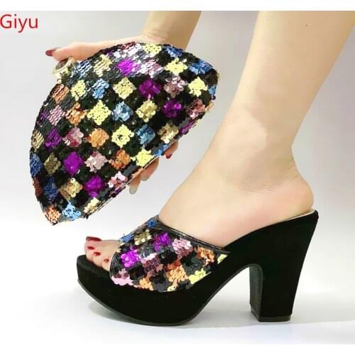 Doershow High Quality African Style Ladies Shoes And Bags Set Latest BLACK Italian Shoes And Bag Set For Party SLK1-1
