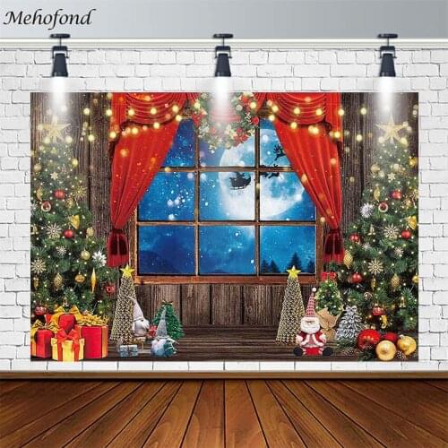Merry Christmas Tree Backdrop Winter Santa Gift Reindeer Wreath Window Plank Photography Background Photo Studio Photocall Decor