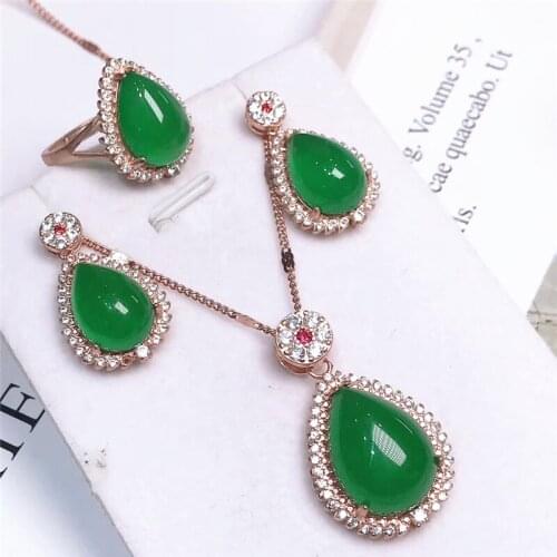 Classic Luxury 925 Sterling Silver Jewelry Sets For Women Natural Green Jade Zircon Necklace Earrings Ring Jewelry New