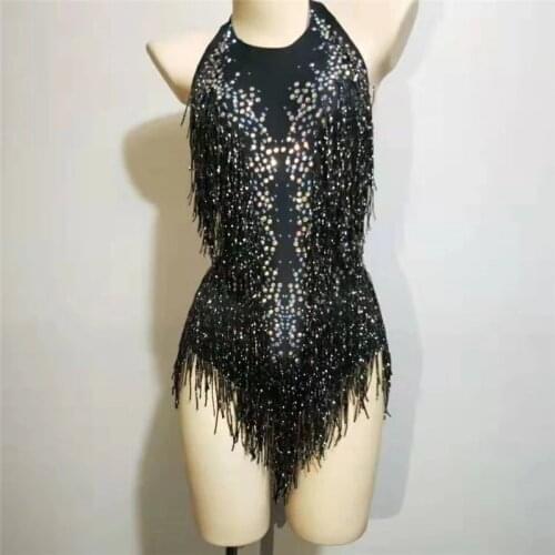 Sexy Tassel Spandex Rhinestone Bodysuit Womens Performance Leotard Dance Clothing Singer Fringes Design Jumpsuit Dance Costume