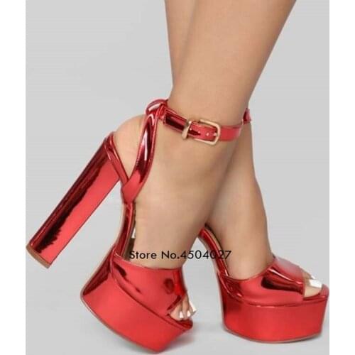 Red Chunky Heels High Platform Dress Shoes Open Toe Sandals Patent Leather Summer Buckle Strap Pumps