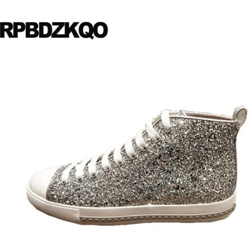 Female Women Lace Up Designer High Top Sneakers Silver Flats Fashion Trainers Autumn Spring Bling Sequin Single Shoes Glitter