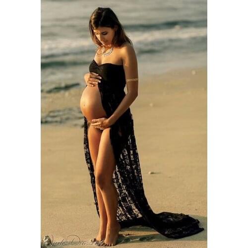 Summer NEW Women Front Split Long Maternity Black&White Lace Dress Pregnant Lace Dress Gown Photography Prop See Through Dress
