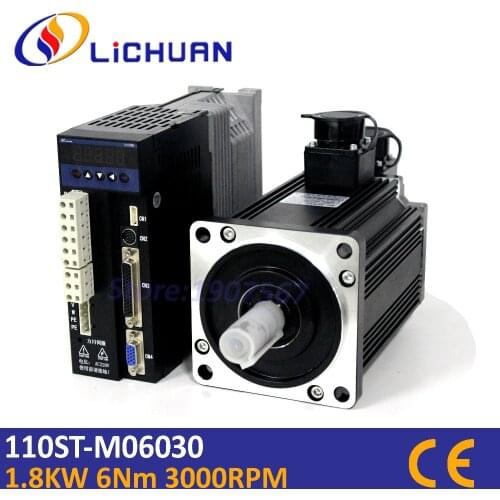 Lichuan hot 6N.m 1.8KW 3000rpm 110ST AC servo motor 110ST-M06030 + matched B2 servo driver +cable complete motor kits for CNC