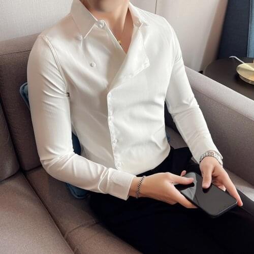 Plus Size 4XL-M Autumn New Solid Partial Placket Striped Shirt Men Clothing Simple All Match Slim Fit Long Sleeve Chemise Homme