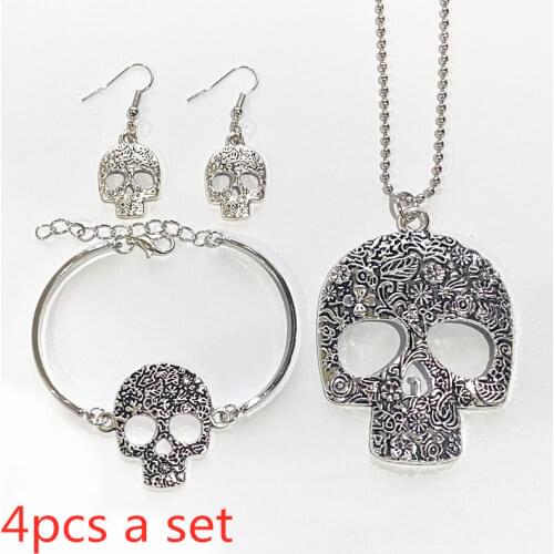 4-piece Set, Necklace, Bracelet, Earrings, Set, Gorgeous Gothic Exquisite Skull Jewelry