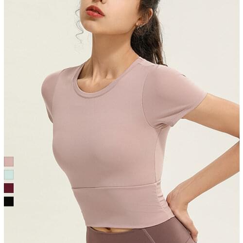 2021 New Women Gym Crop Tops Yoga Top with Chest Pad Womens Short Yoga Shirt Tight-fitting Sexy Slim Short-sleeved Fitness Suit