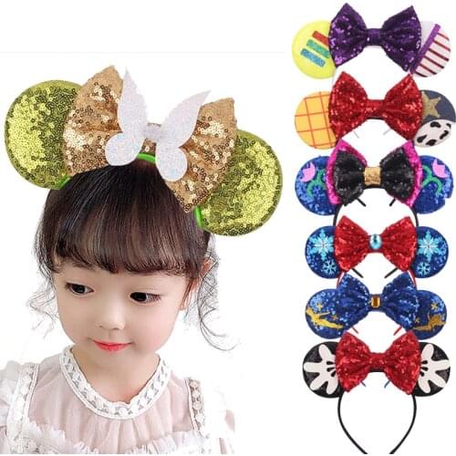 New Mouse Ears Headband Girls 5'' Sequin Bow Hairband Women DIY Festival Hair Accessories party Cosplay Adult/Kids Gift