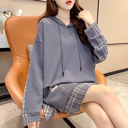 Hooded Shirt 2021 Autumn Long Sleeve Plaid Printed Sweatshirt Patchwork Sweater Women Loose Womens Top Clothing