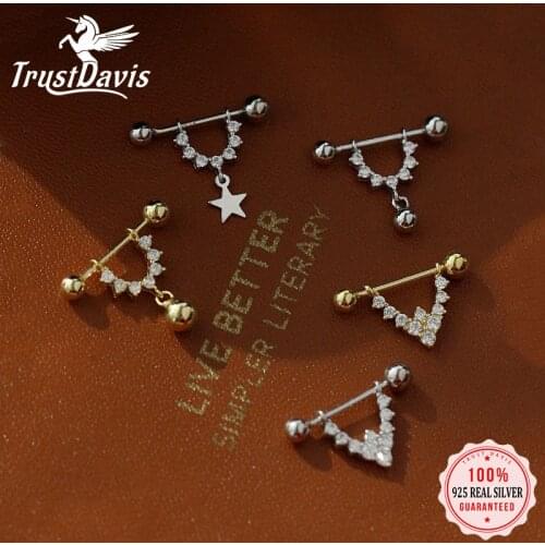 TrustDavis Real 925 Sterling Silver Fashion Sweet U Shape Dazzling CZ Screw Earring For Women Wedding Anniversary Jewelry DA2360