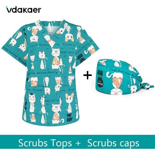 Women and men printing Scrub Tops For Nurses Uniforms V-neck Pocket Women Clothes Dental clinic nursing Uniforms