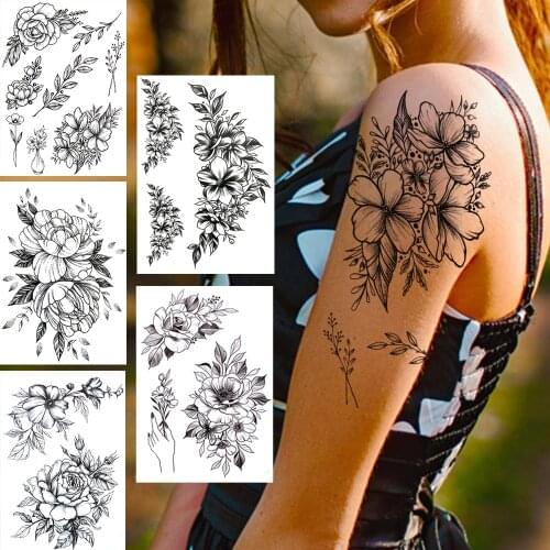 DIY Flower Temporary Tattoos For Women Girl Black Dahlia Anemone Peony Tattoo Sticker Leaf Fake Hot Sale Tatoos 3D Makeup Tools