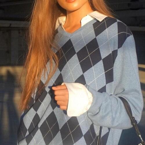 Women Oversized Pullovers Autumn Winter Long Sleeve Korean College Style V Neck Argyle Plaid Jumper Knit Loose Sweater