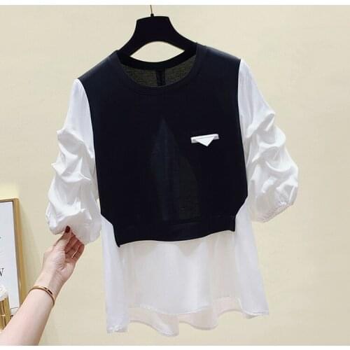WTIANYUW Patchwork Shirts Women 2021 Summer New Fake Two O-Neck Short Sleeve Tops Korean Fashion Ladies Blouse Casual Clothes
