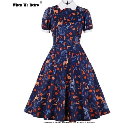 Short Sleeve Peter pan Collar Printed Boho Summer Dress VD1922 Blue Cotton Vintage Retro Women Dress