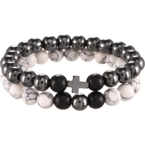 2PCS Cross Hematite Bracelet Homme Bileklik Men Handmade Charm Stone Beads Armband Bracelet Set Bangles Gifts