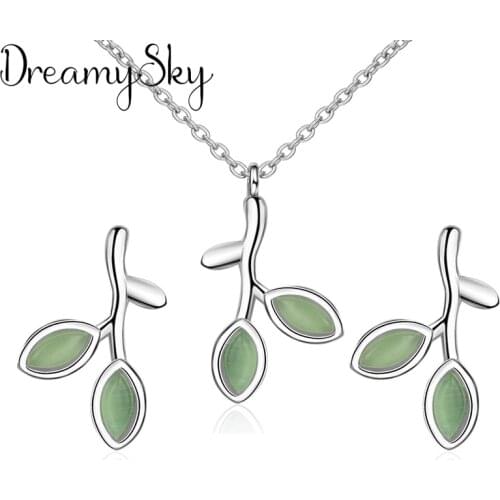 Bijoux 2018 Bridal Wedding Opal Jewelry Sets Silver Color Fresh Leaf Necklaces Earrings for Women Statement Jewelry