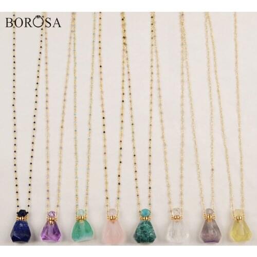 BOROSA 2Pcs Perfume Bottle Natural Multi-Kind Stone Essential Oil Bottole Amethysts 26inch Bead Chains Women Necklace HD0091