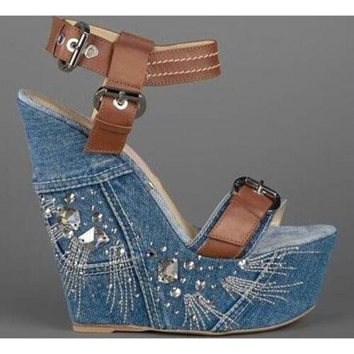 Summer Glitter Crystal Side Wedges High Heel Sandals Women Blue Denim Sandals Brown Leather Patched Buckles Ladies Shoes