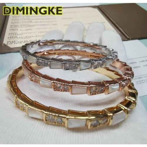 DIMINGKE Natural Shell High Carbon Diamond Snake Bone Bracelet 17CM S925 Sterling Silver 18K Gold Womens Fine Jewelry