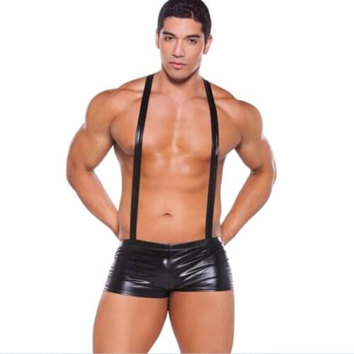 Black Faux Leather Mens Exotic Parties Night Club Fetish Wear Striped Boxer Shorts Overalls Male Sexy Erotic Underwear Costumes