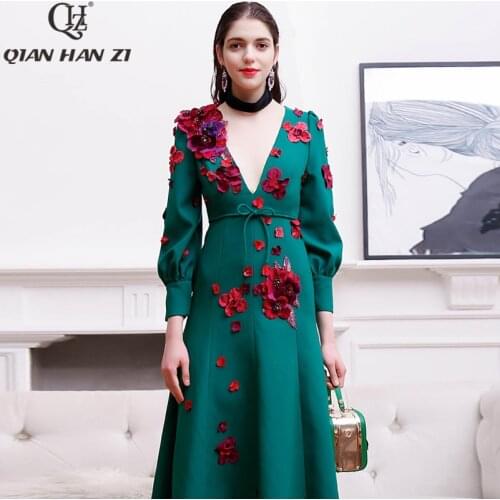 Qian Han Zi 2020 Designer fashion runway Maxi dress Womens Lantern Sleeve Vintage Flower Applique High Quality Party long Dress