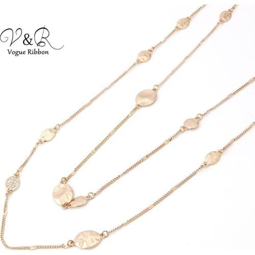 Soft Hammered Surface Long Necklace, Free Winding, with Rhinestone Disc Sweater Chain Necklace, 2019 New