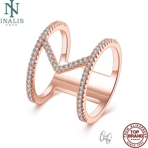 INALIS Geometric Rose Gold White Rings For Women 5A Clear Cubic Zirconia Girl Copper Ring Party Fashion Jewelry New Listing