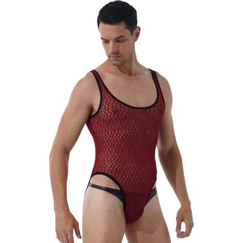 Men See-Through Mesh Bodysuit Exotic Teddies Sexy Underwear Round Neck Sleeveless Wrestling Singlet Athletic Leotard Nightwear