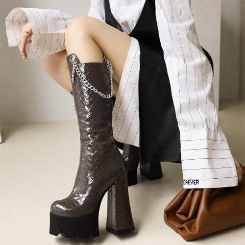 2021 New Autumn Chunky Knee High Boots Women Platform Heels Leather Black Retro Punk Long Boots Gothic Boots Fashion Chain Boots