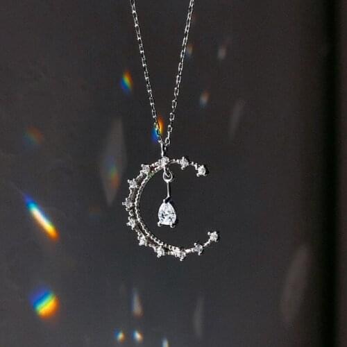 Luxury Female White Crystal Pendant Necklace Charm Sterling Silver Chain Necklaces For Women Cute Hollow Moon Wedding Necklace