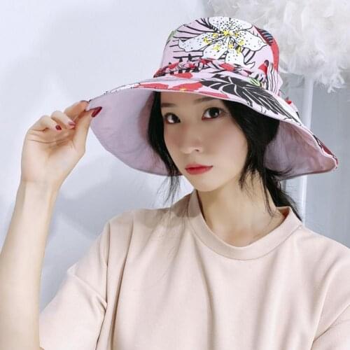 Flower Printing Summer bob Bucket Hat for Women Soft Cotton Solid Color Big Wide Brim Outdoor Sun Hats Foldable Cap Lady Caps