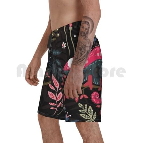Pink Chameleon And The Flowers Beach Shorts Men Beach Pants Swim Trunks Pink Chameleon Flowers Flower Floral Animal