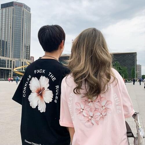 Tide Brand Couple Second Generation Flower Short Sleeve Pink Cherry Blossom Loose INS Hip Hop Half Sleeve T-shirt Top